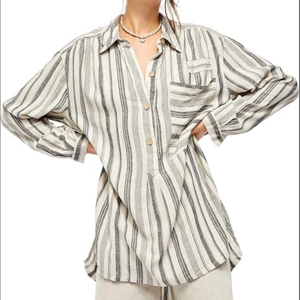 FREE PEOPLE - We The Free Blue And Cream Striped Linen-Blend Blouse Size Medium - Picture 2 of 12